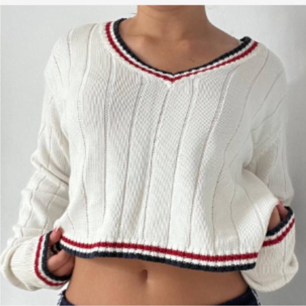 Brandy Melville Nicole Varsity V-neck Cropped Crop Sweater